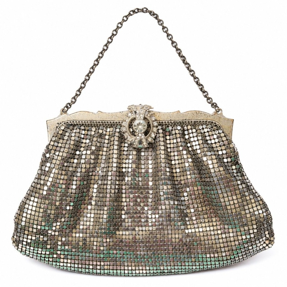 Vintage 1940s Whiting & Davis Silver Mesh Evening Bag Rhinestone Clasp Purse